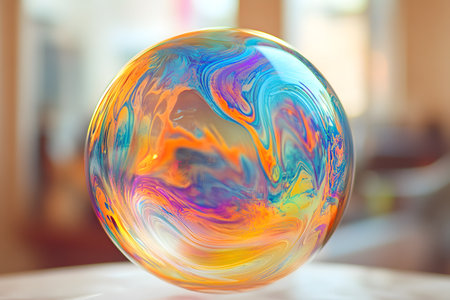 Colorful soap bubble on the table in the living room background.