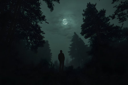 Man standing in the forest and looking at the full moon in the nightの写真素材
