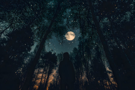 Silhouette of a girl in the forest at night with full moon.