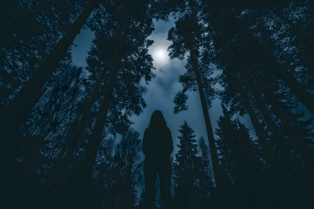 Silhouette of a girl in the forest at night with a full moonの写真素材