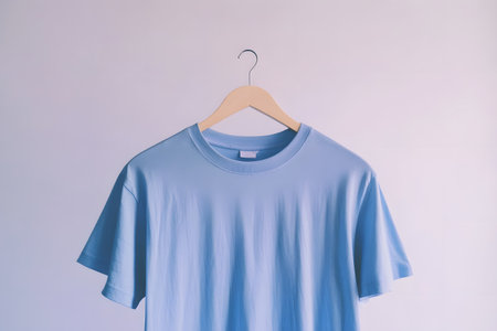 Blue t-shirt on a hanger on a white background.の写真素材