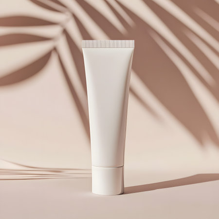 White cosmetic tube on beige background with palm leaves shadows. 3d renderの写真素材