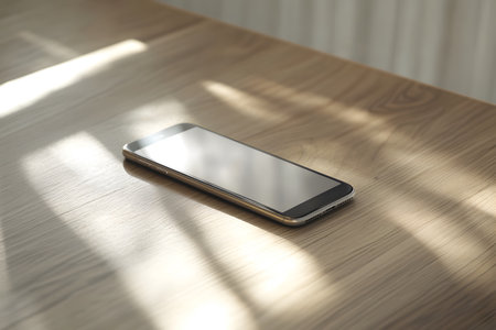 Smart phone on a wooden table in the sunlight. 3d renderの写真素材