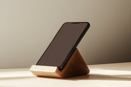Smartphone with blank screen on wooden stand on white table in sunlight