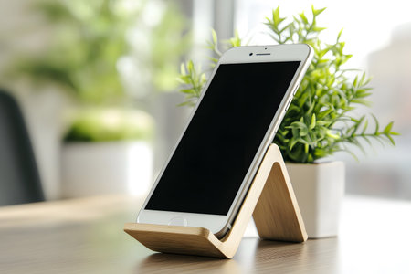 Modern smartphone with blank screen on table in office. Mockup for designの写真素材
