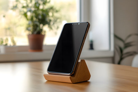 Modern smartphone with blank screen on wooden stand on table in modern officeの写真素材