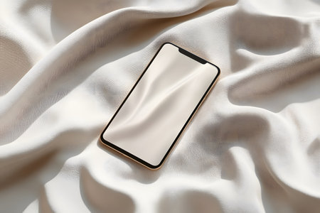 Smartphone with blank screen on white silk background. Mockup for designの写真素材