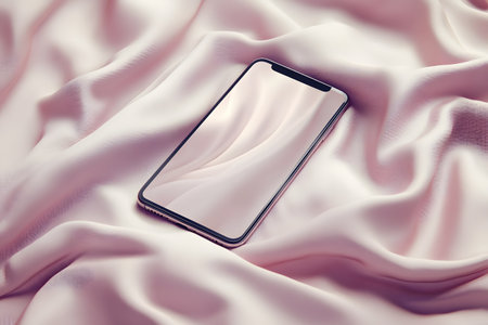 Smartphone on white silk background. Mock up. 3D Renderingの写真素材