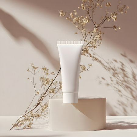 3d render of cosmetic cream tube on white podium with dry flowersの写真素材