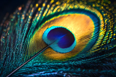 Beautiful peacock feather close-up. Colorful background.
