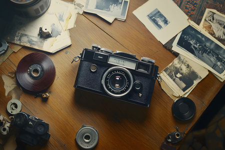 Vintage camera on a wooden table with old photos. Top view
