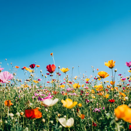Beautiful meadow with colorful flowers and blue sky. Vintage style.の写真素材