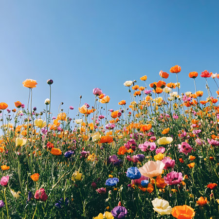 summer meadow with lots of colorful flowers (poppies, ranunculus)の写真素材