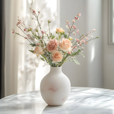 Vase with beautiful flowers on table in room, interior design conceptの写真素材
