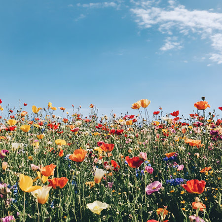 Colorful spring meadow with poppies and cornflowersの写真素材