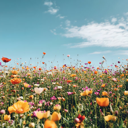 Beautiful meadow with blooming poppies and blue skyの写真素材