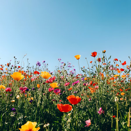 summer meadow with poppies and wildflowers under blue skyの写真素材