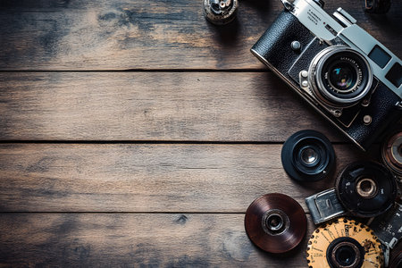 Old camera and lens on wooden background. Top view with copy space