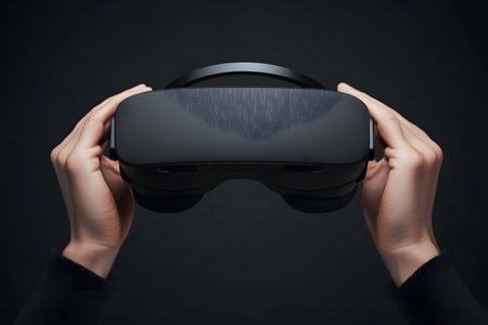 Woman's hands holding a virtual reality headset on a black background.