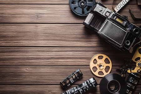 Old film camera and reel on wooden table. Top view with copy spaceの写真素材