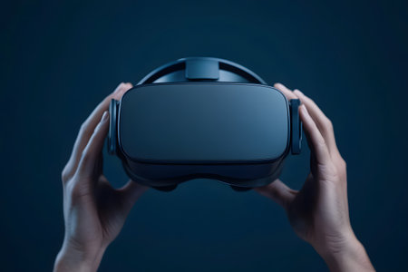 Man using virtual reality headset on dark blue background. 3d renderingの写真素材