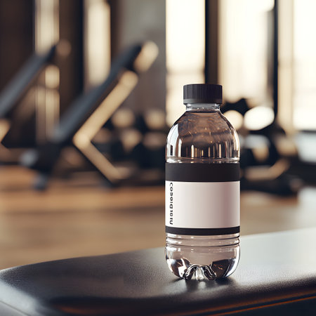 Bottle of water on a table in a gym. 3d renderingの写真素材