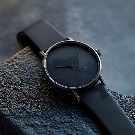 Wrist watch on black stone background. Close up. Selective focus.の写真素材