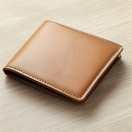 Brown leather wallet on a wooden background. Clipping path included.
