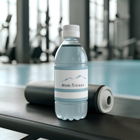 3d render of a bottle of mineral water on a fitness matの写真素材