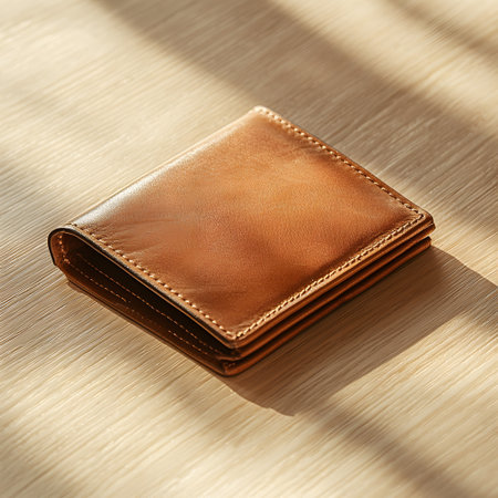 Brown leather wallet on wooden background. Close-up, shallow depth of field.