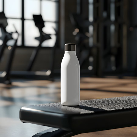 Mockup of a sports bottle on a gym background. 3d renderingの写真素材
