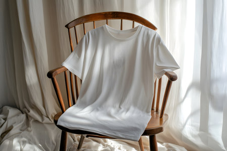 White t-shirt on a wooden chair in a room with white curtains