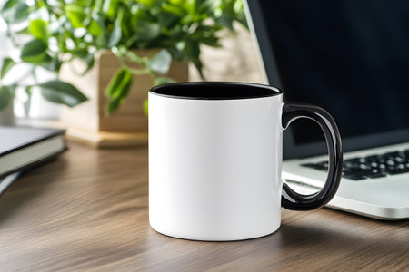 Mug mockup on office desk with laptop, coffee cup and notebook.の写真素材