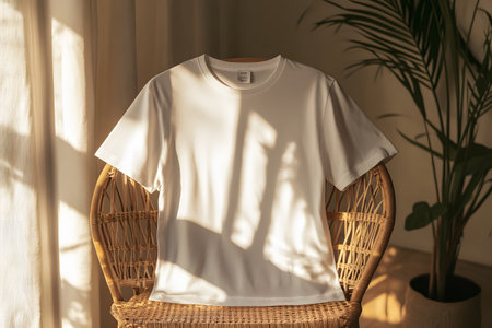 White t-shirt mockup on wicker chair in light room
