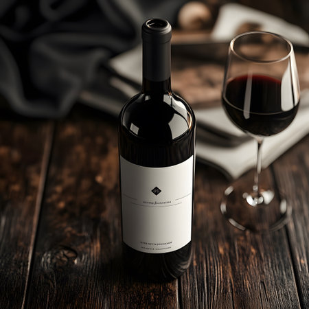 Wine bottle and glass on dark wooden background. Mockup for designの写真素材