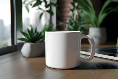 White mug on a wooden table. 3d rendering mock up.の写真素材