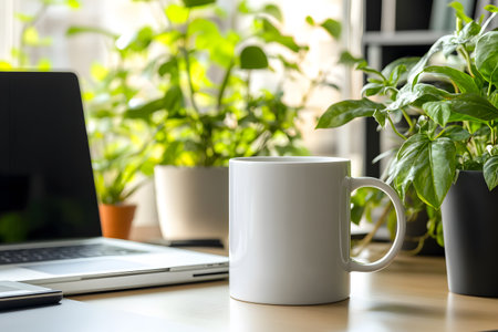 Coffee cup on the table with laptop and plant in the officeの写真素材