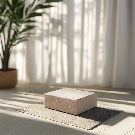 3d render of beige podium for product presentation in sunlight.の写真素材
