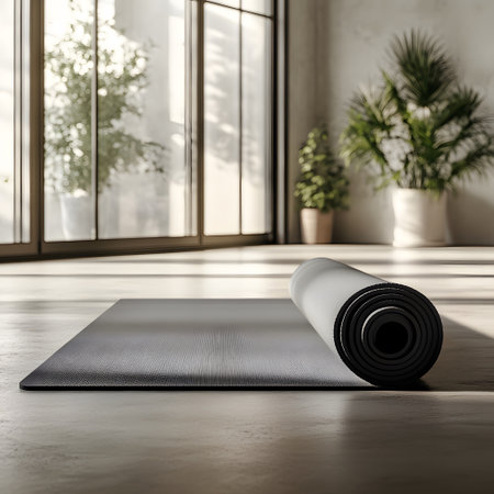Yoga mat on the floor in the room, 3d renderingの写真素材