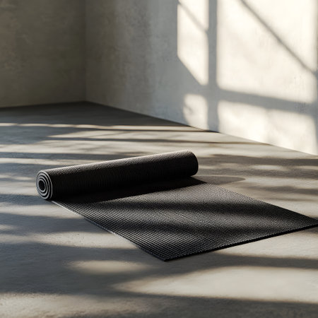Yoga mat on the floor in a room with sunlight. 3d renderingの写真素材