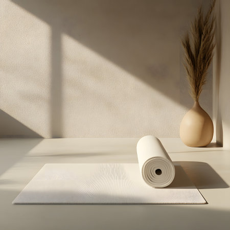Yoga mat and vase on the floor. 3d renderingの写真素材