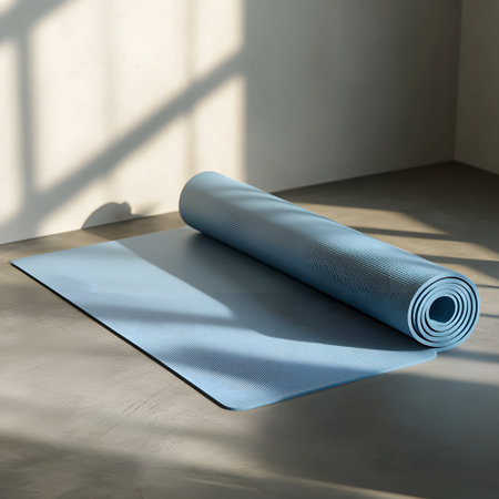 Yoga mat on the floor in a room with sunlight. 3d rendering