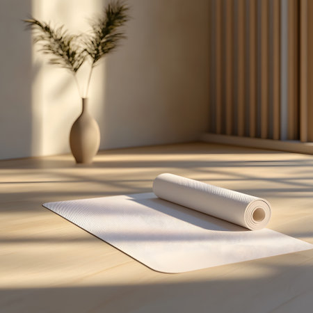 Yoga mat on a wooden floor. 3d rendering mock upの写真素材