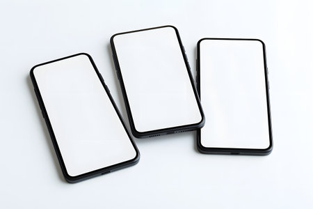 Mobile phone with blank screen isolated on white background. Top view.の写真素材