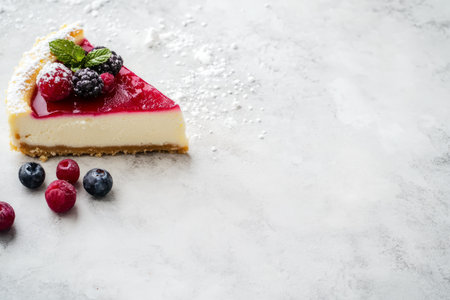 Piece of cheesecake with fresh berries on white marble table.の写真素材