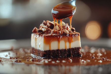Pouring caramel on delicious chocolate cheesecake on table, closeupの写真素材