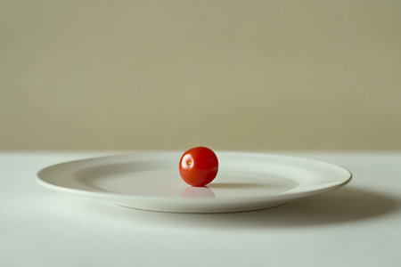 Red cherry tomato on a white plate on a white table with copy spaceの写真素材