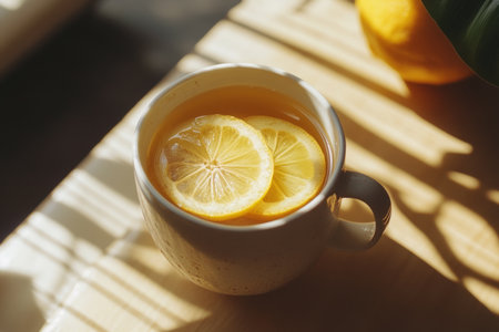 Cup of tea with lemon on wooden table in morning light.