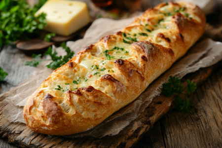 Baguette with cheese and parsley on a wooden background.