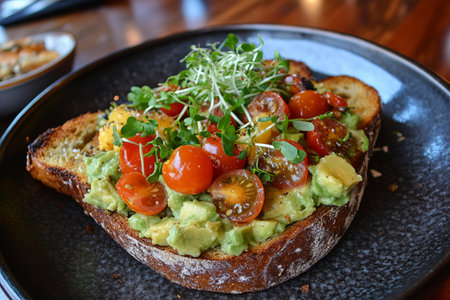 Avocado toast with cherry tomatoes and microgreens on black plate